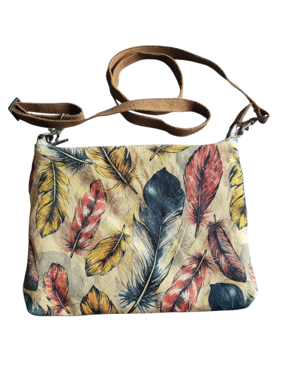Cott’n Curls Feather Print Crossbody Bag Canvas Leather Trim Boho 8 x 10